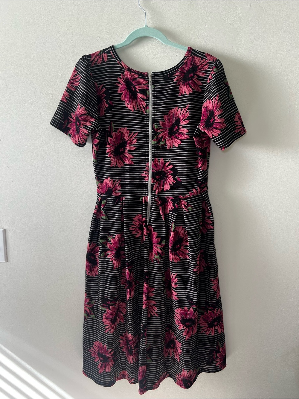 LuLaRoe Black Striped Dress with Pink Floral Overlay - Picture 4 of 4